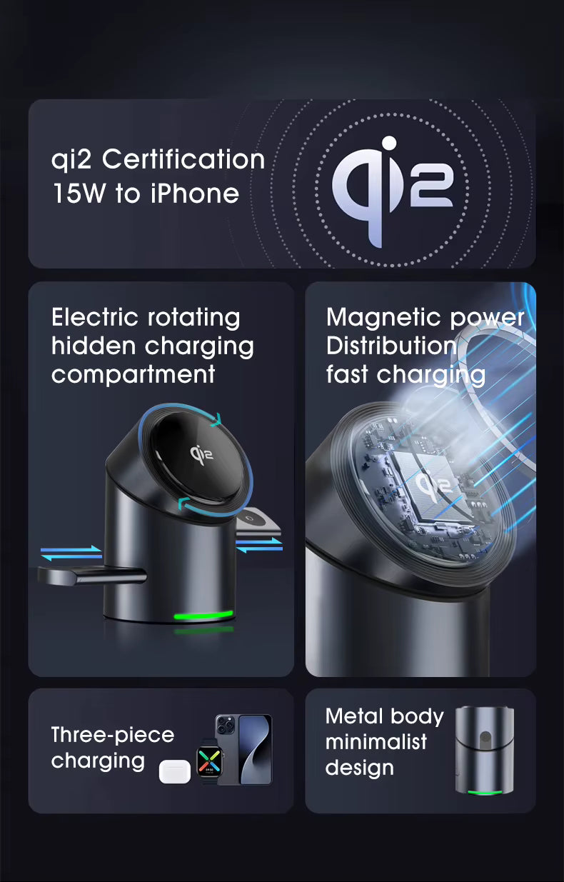 Qi2 Magnetic Wireless Charger Fast Charger 3-in-1